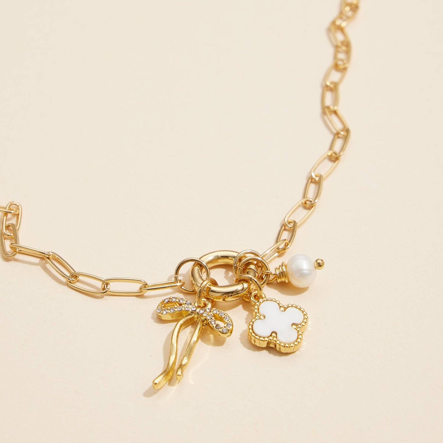 Gold Dipped Necklace with Clover&Pearl
