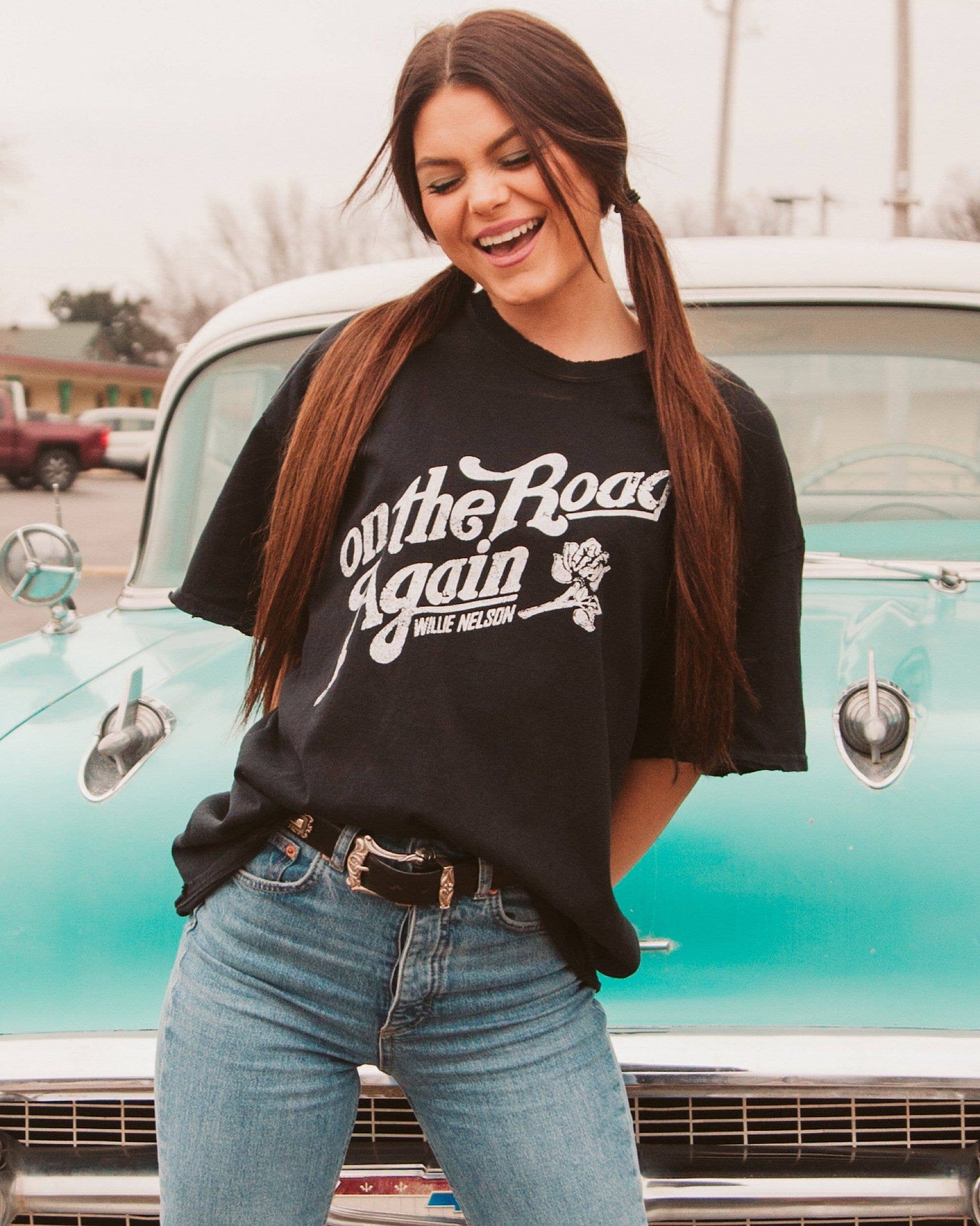 Willie Nelson On The Road Again Black Thrifted Graphic Tee