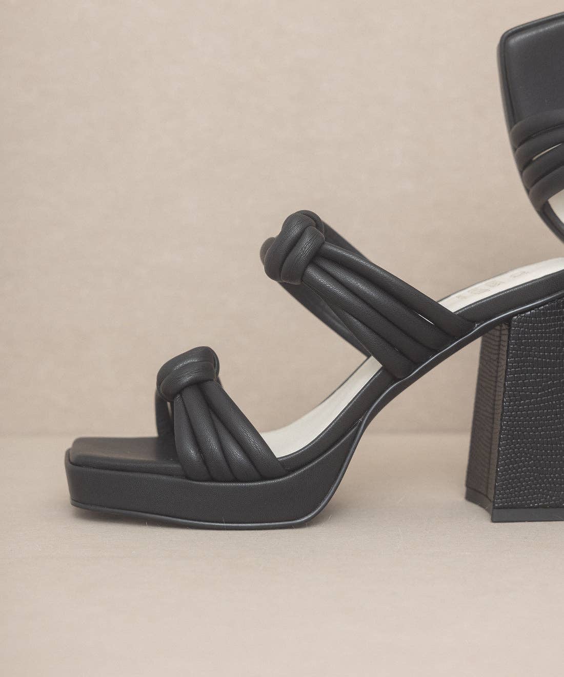 The Faith Black | Knotted Band Platform Snake-Print Heel