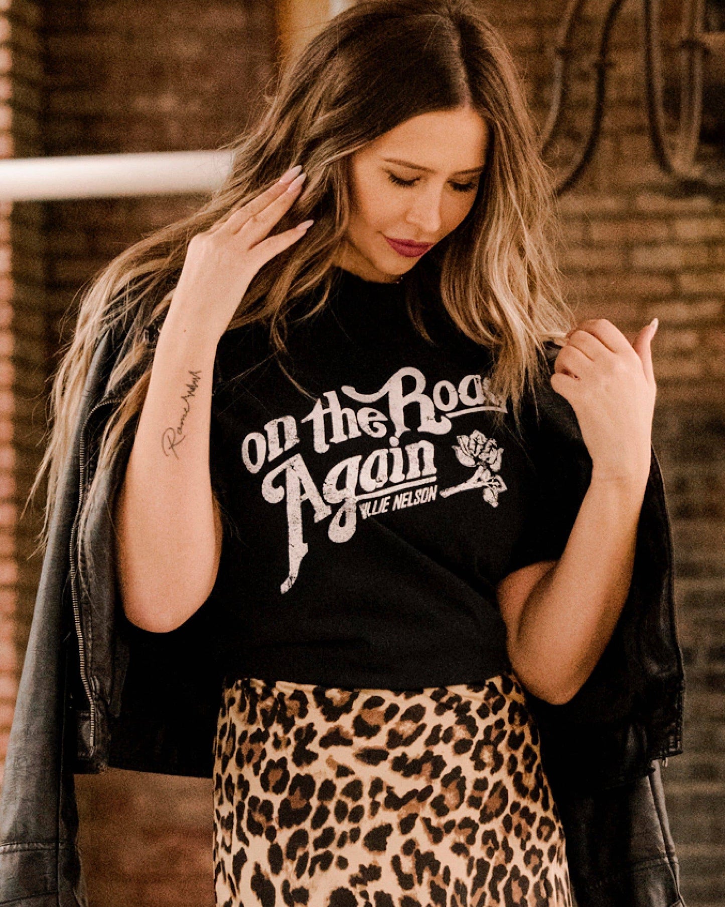 Willie Nelson On The Road Again Black Thrifted Graphic Tee