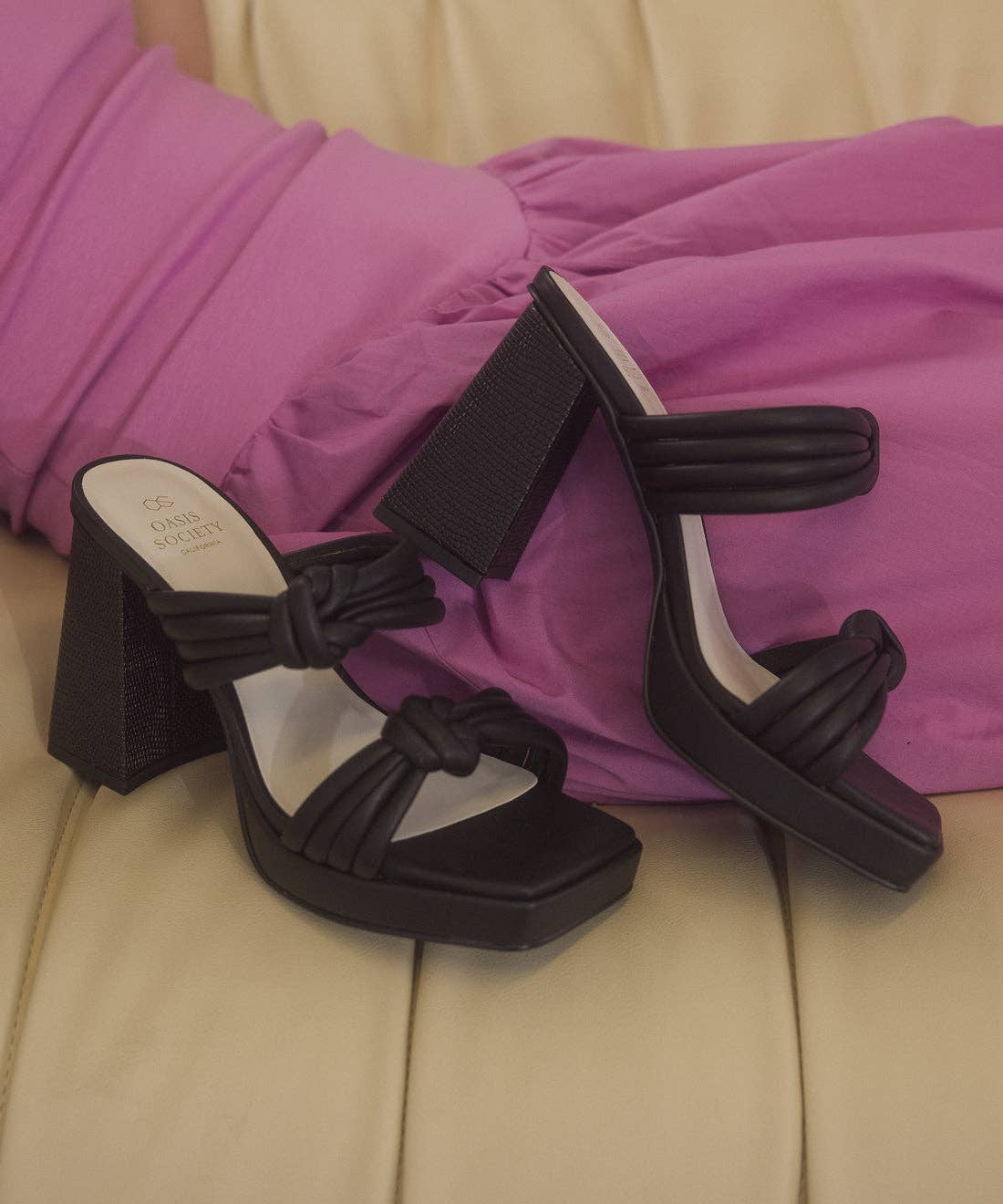 The Faith Black | Knotted Band Platform Snake-Print Heel