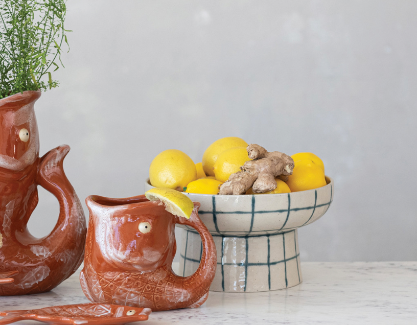 Hand-Painted Stoneware Pedestal Bowl
