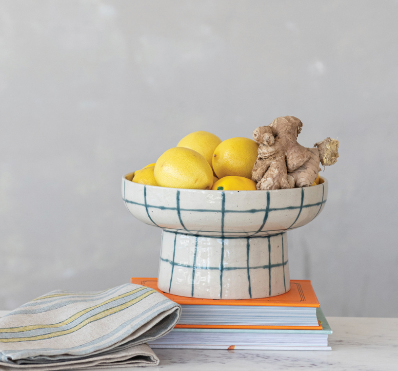 Hand-Painted Stoneware Pedestal Bowl