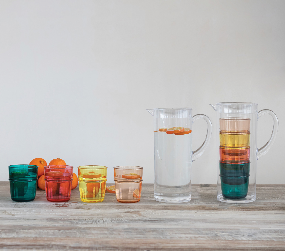 2 Quart Pitcher with (4) 12 oz. Stackable Glasses, Set of 5