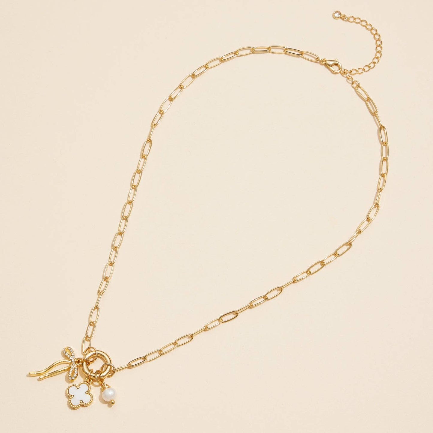 Gold Dipped Necklace with Clover&Pearl