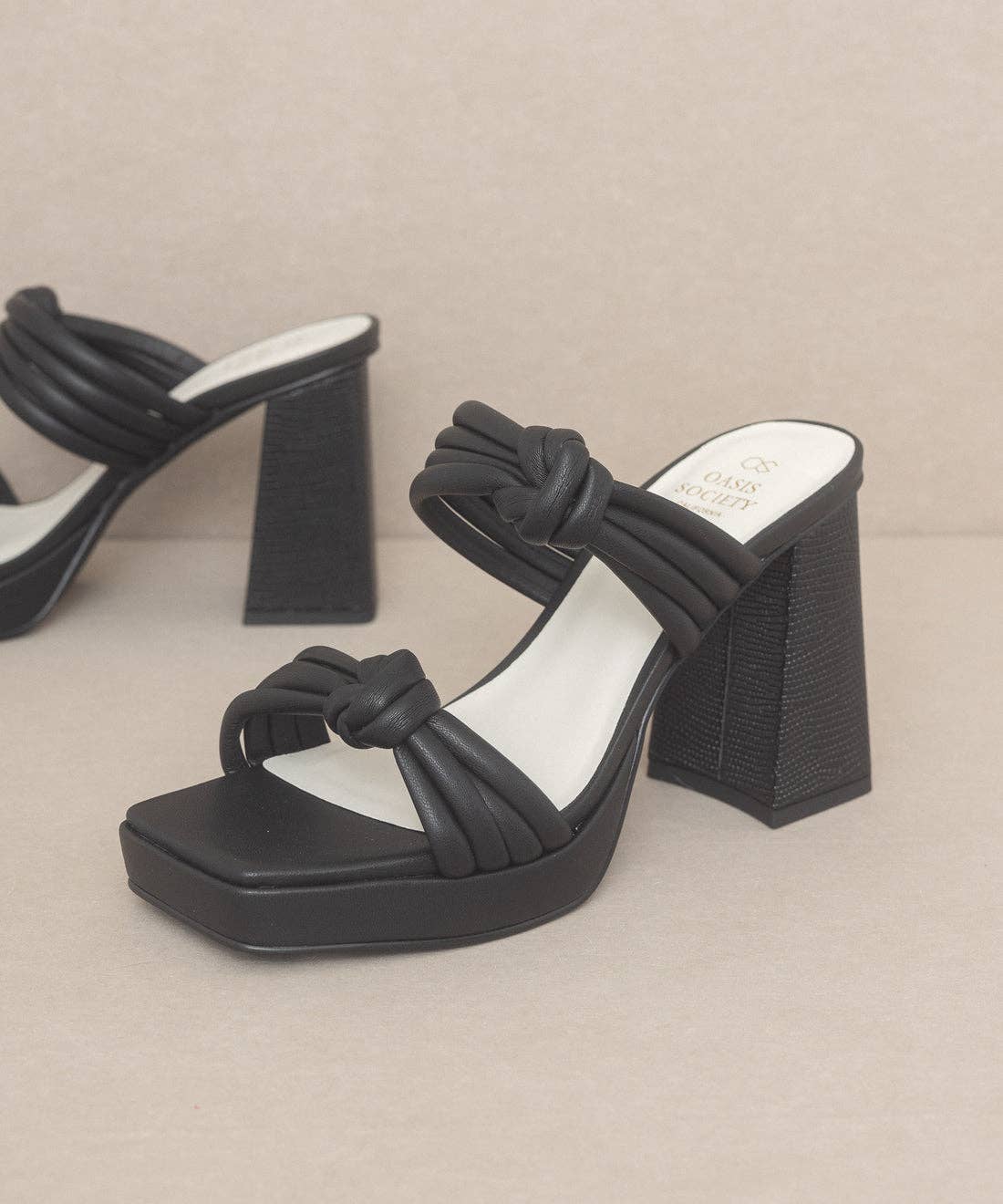 The Faith Black | Knotted Band Platform Snake-Print Heel