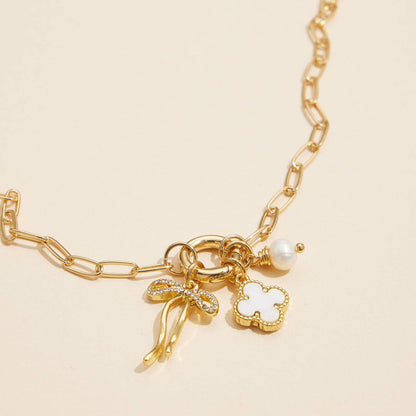 Gold Dipped Necklace with Clover&Pearl