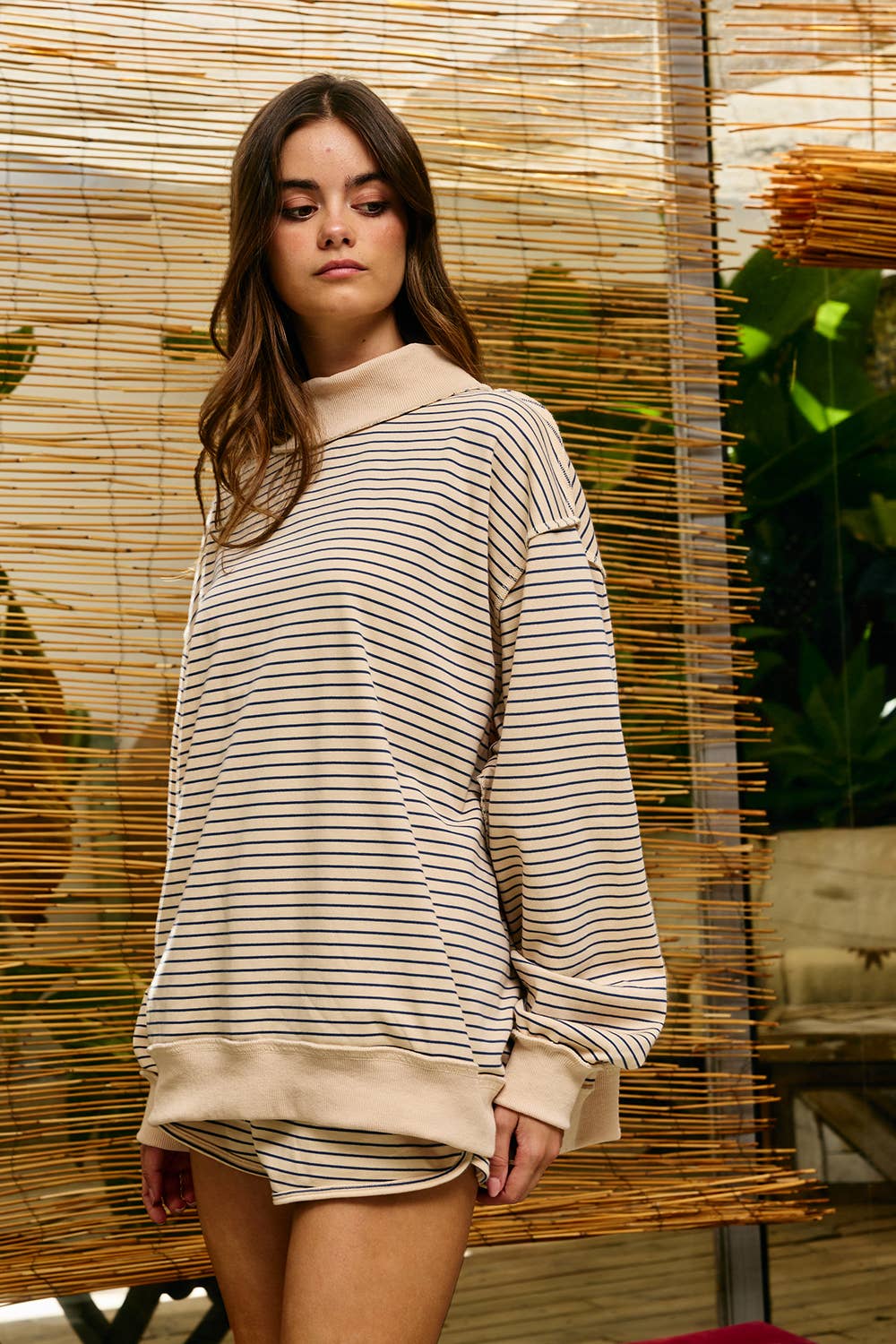 Stripe Mock Neck Oversized Sweatshirt