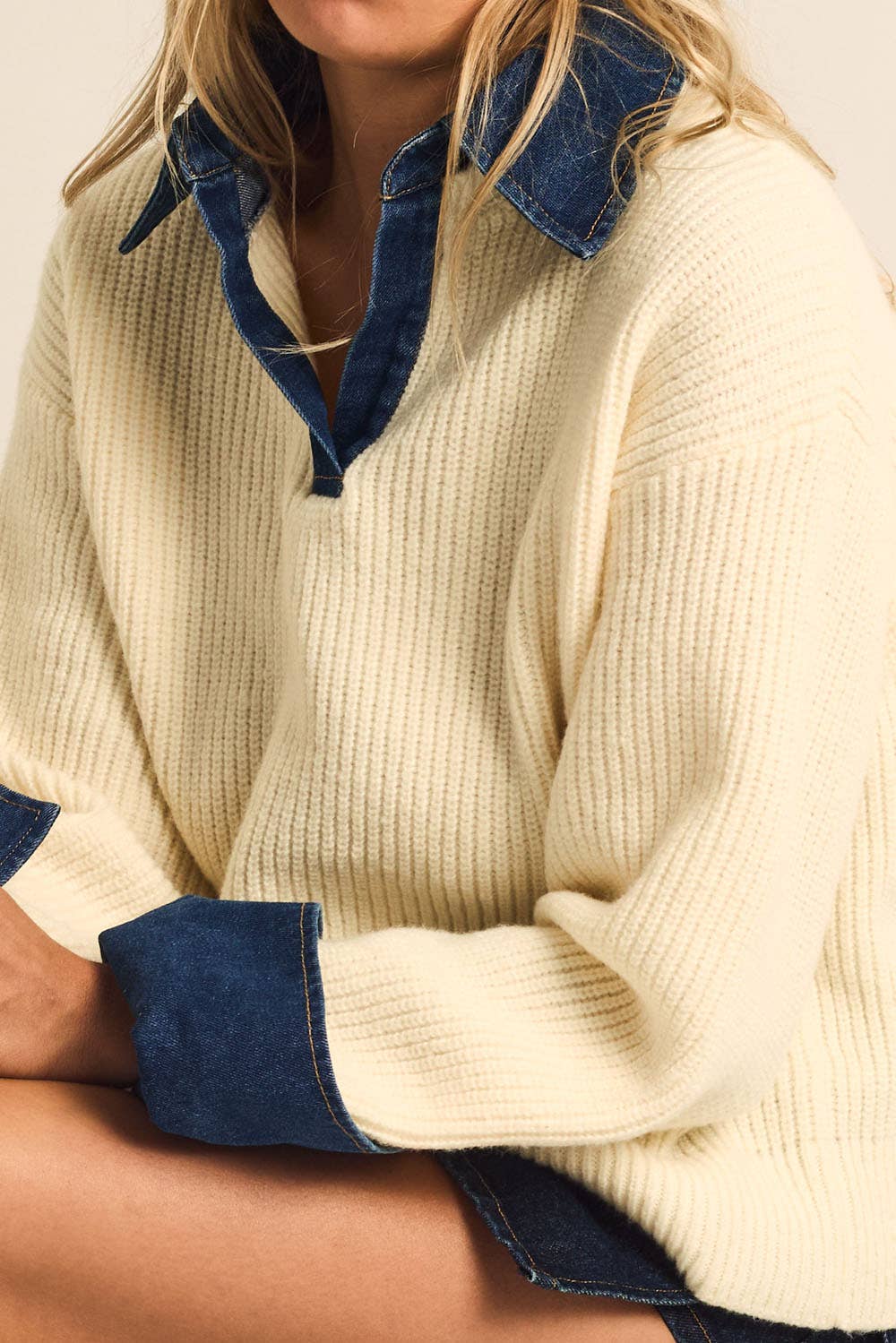 Rib-Knit Denim Collared Sweater