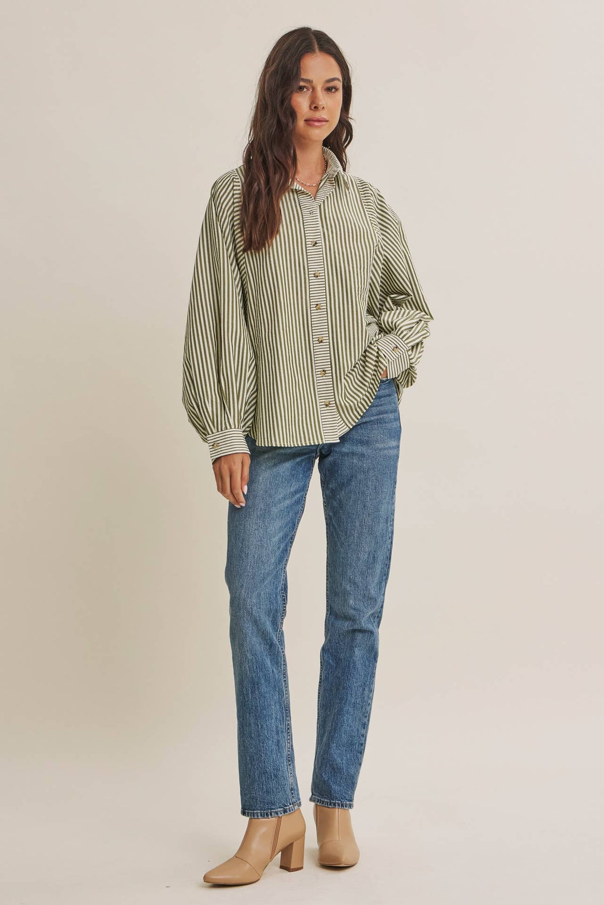 OLIVE EFFORTLESS DRAPE BUTTON-DOWN