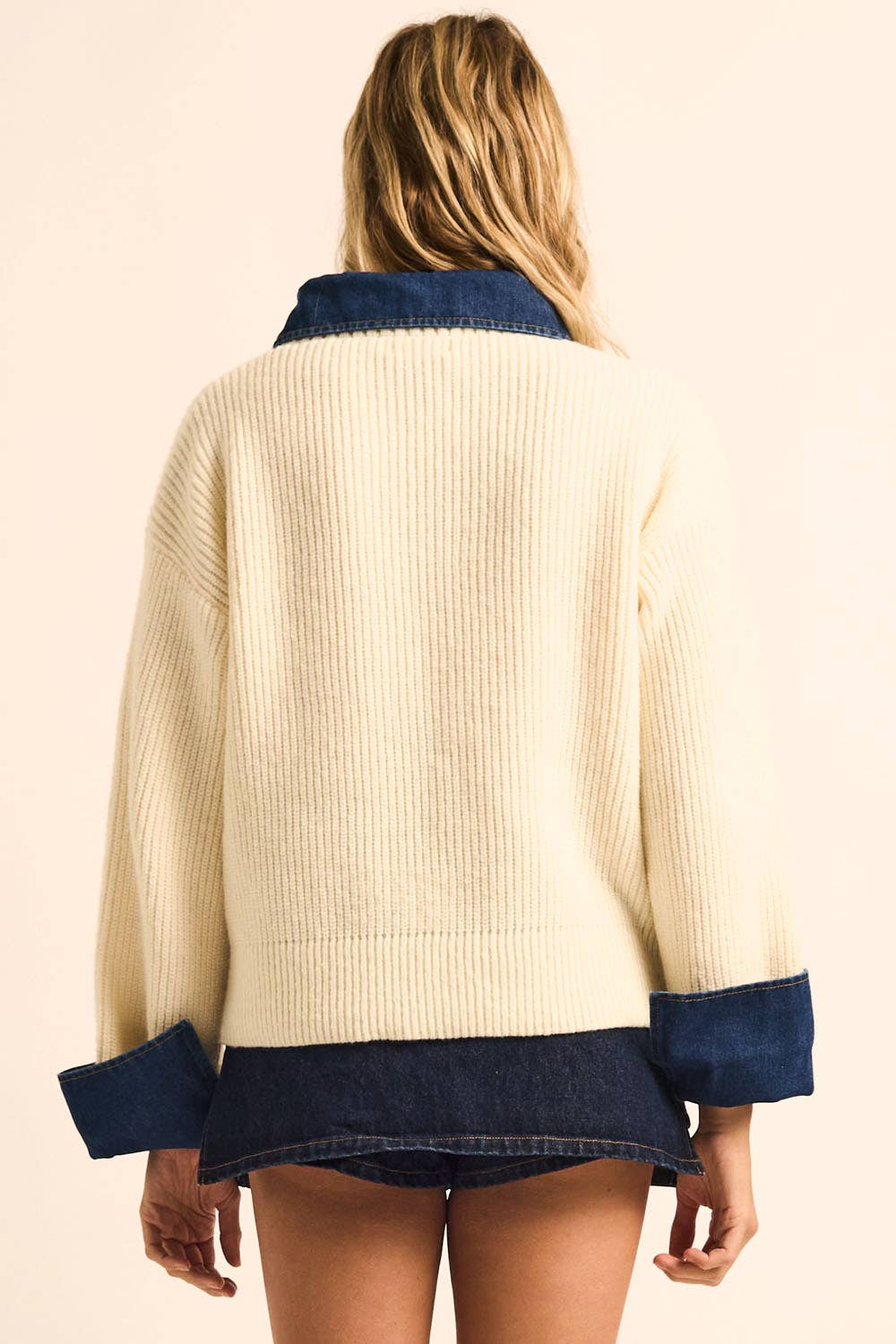 Rib-Knit Denim Collared Sweater