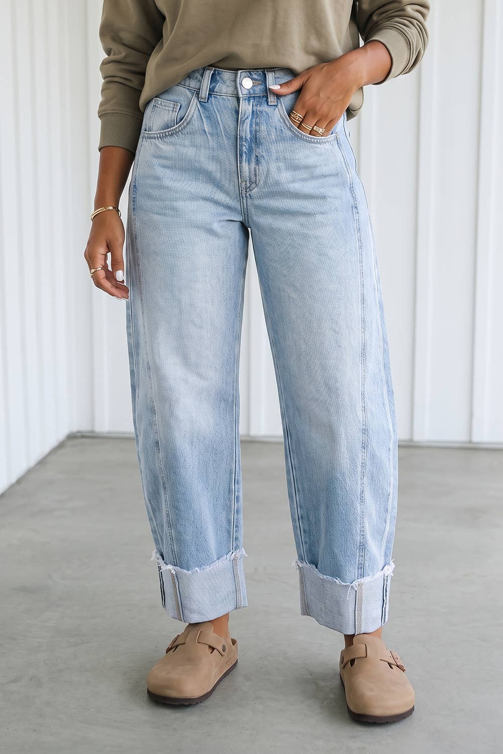 Loose Raw Hem Cuffed Denim
