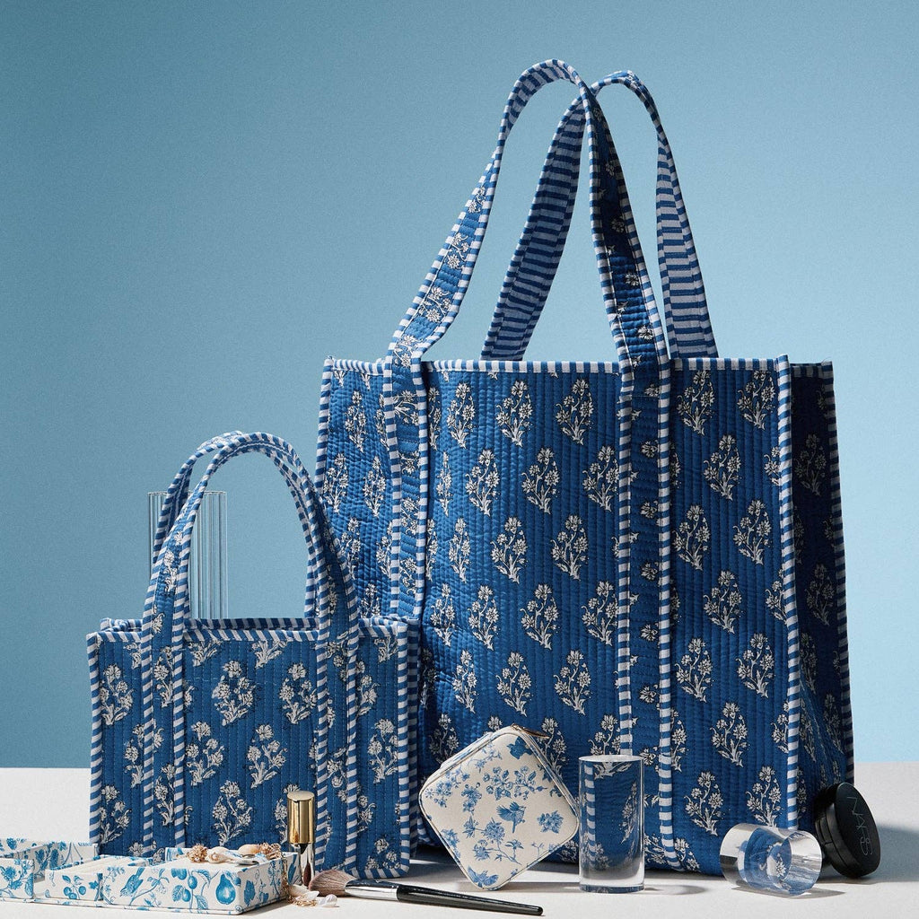 Blue Quilted Floral Tote