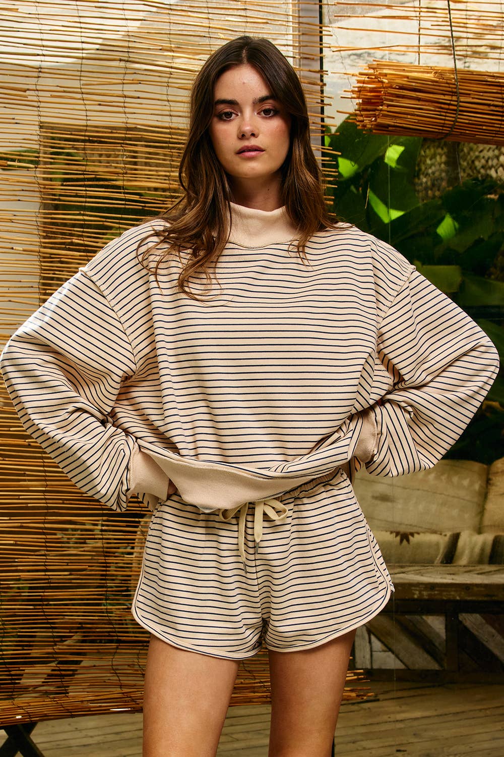 Stripe Mock Neck Oversized Sweatshirt