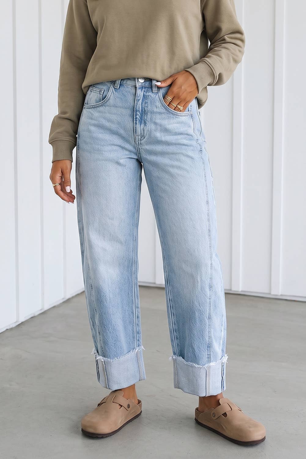 Loose Raw Hem Cuffed Denim