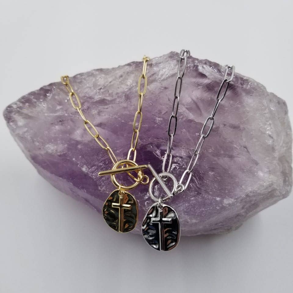Hammered Cross Paperclip Necklace