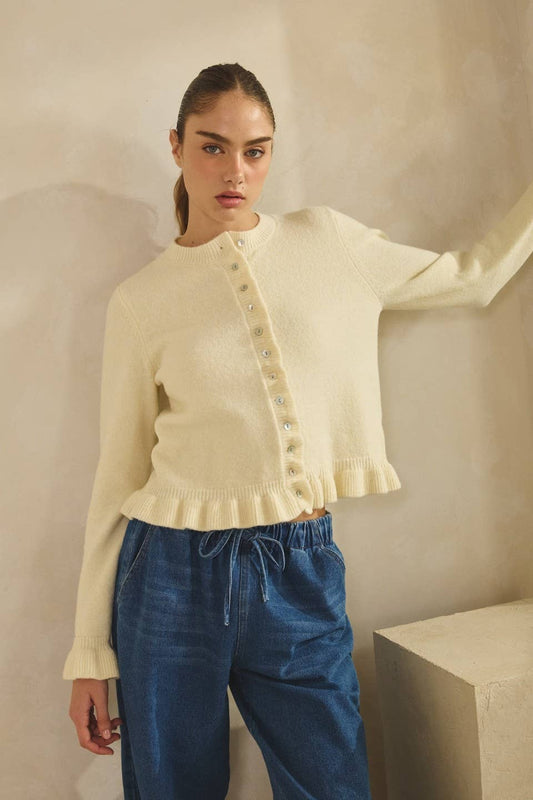 Off White Ruffle Knit Cardigan