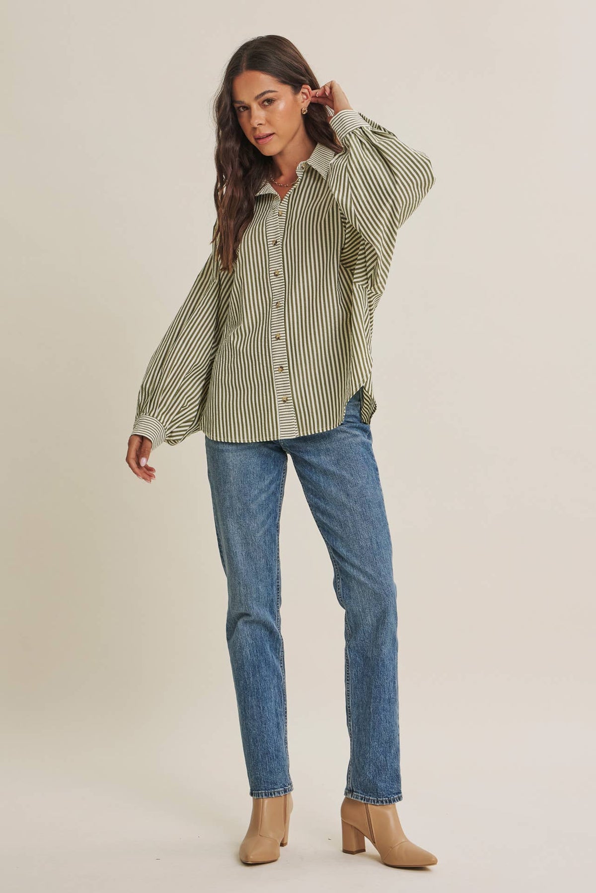 OLIVE EFFORTLESS DRAPE BUTTON-DOWN