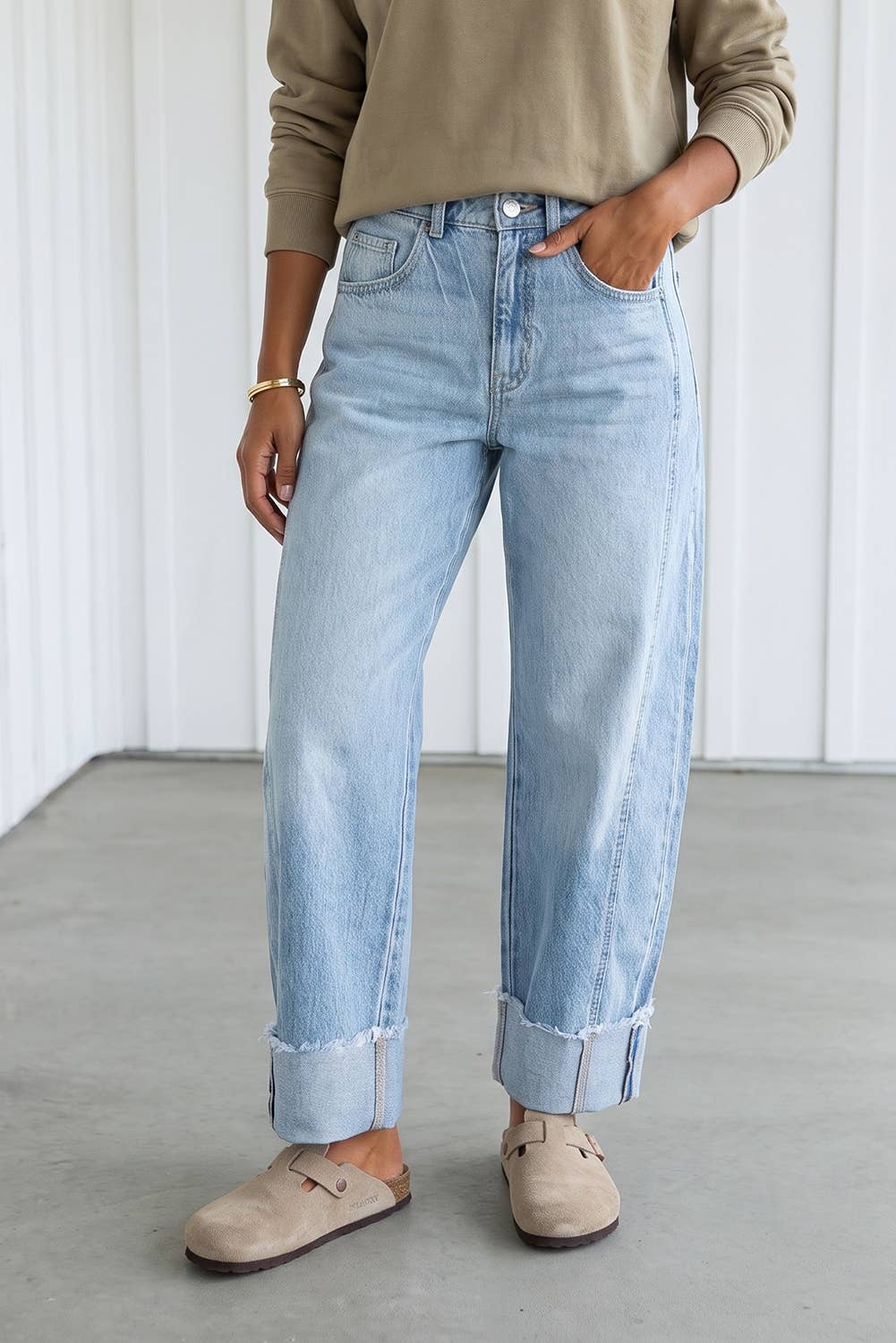 Loose Raw Hem Cuffed Denim