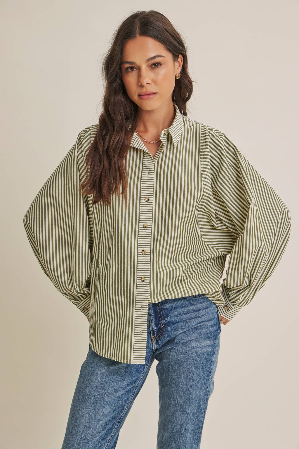 OLIVE EFFORTLESS DRAPE BUTTON-DOWN