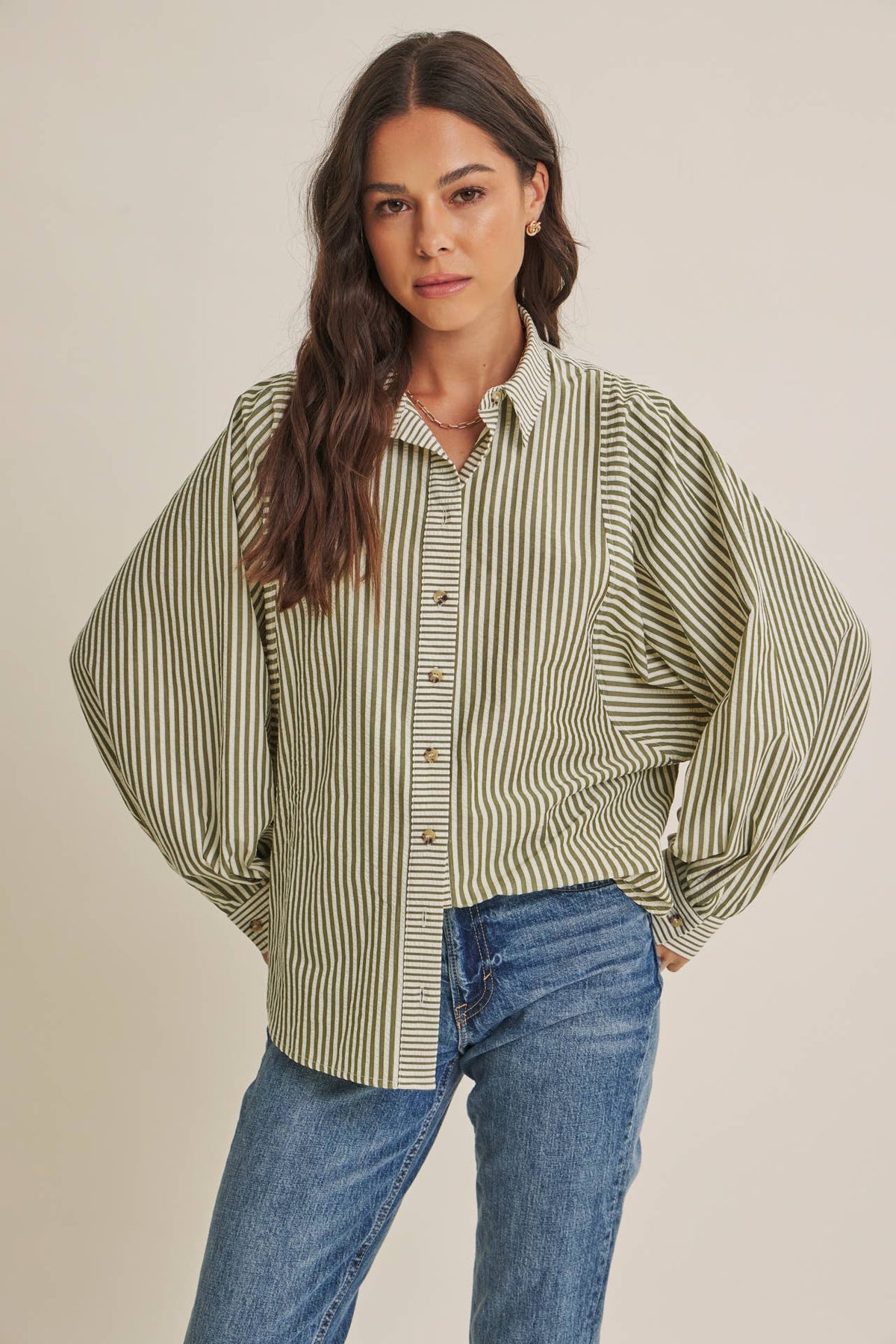 OLIVE EFFORTLESS DRAPE BUTTON-DOWN