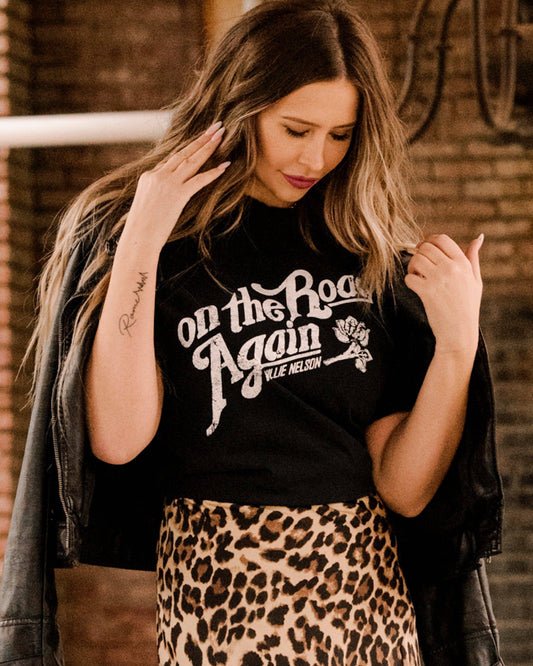 Willie Nelson On The Road Again Black Thrifted Graphic Tee