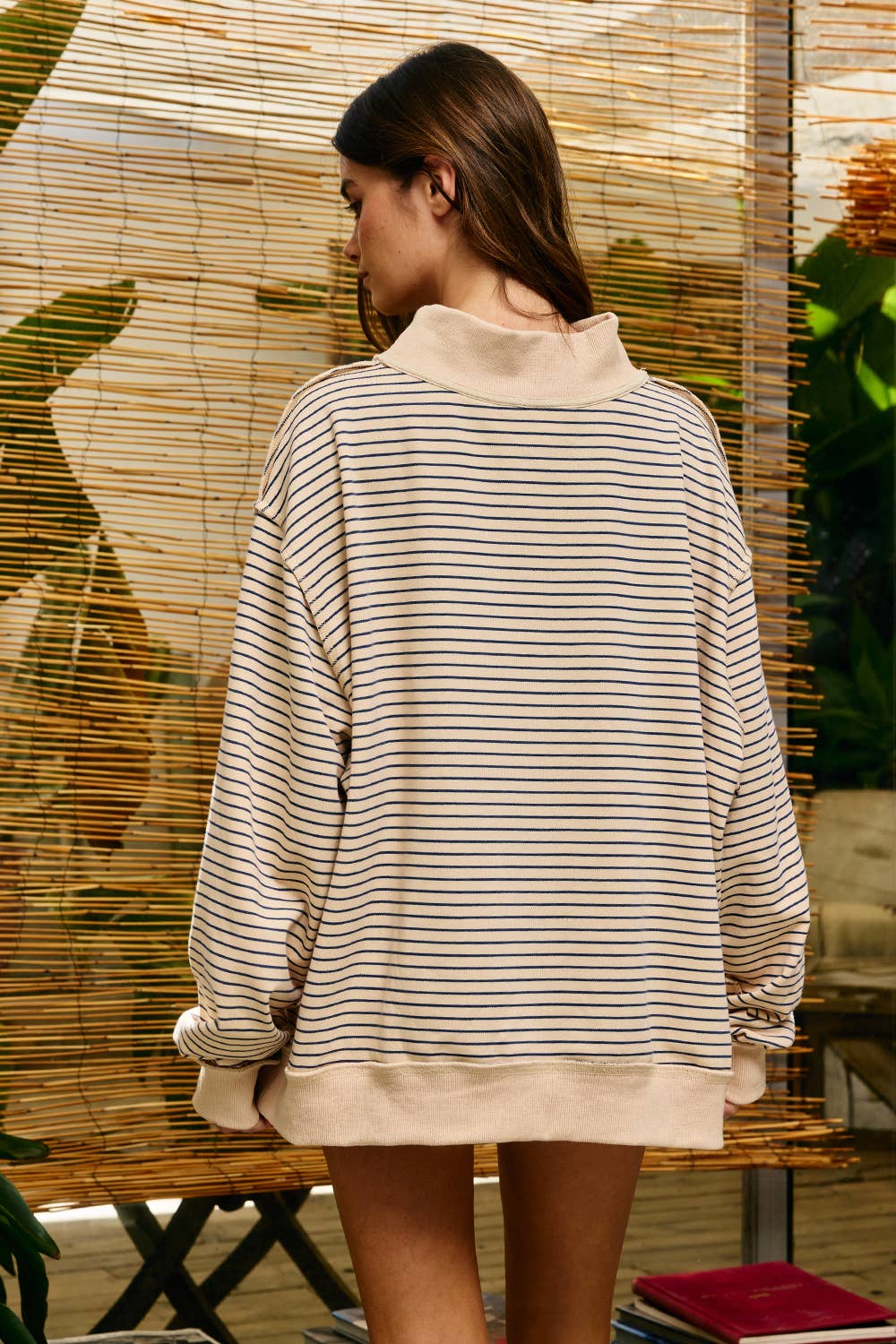 Stripe Mock Neck Oversized Sweatshirt