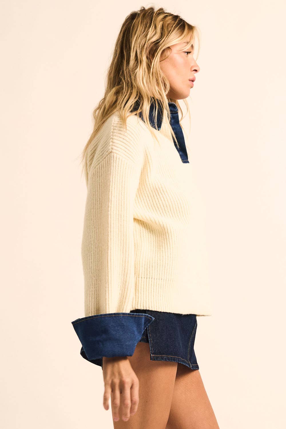 Rib-Knit Denim Collared Sweater
