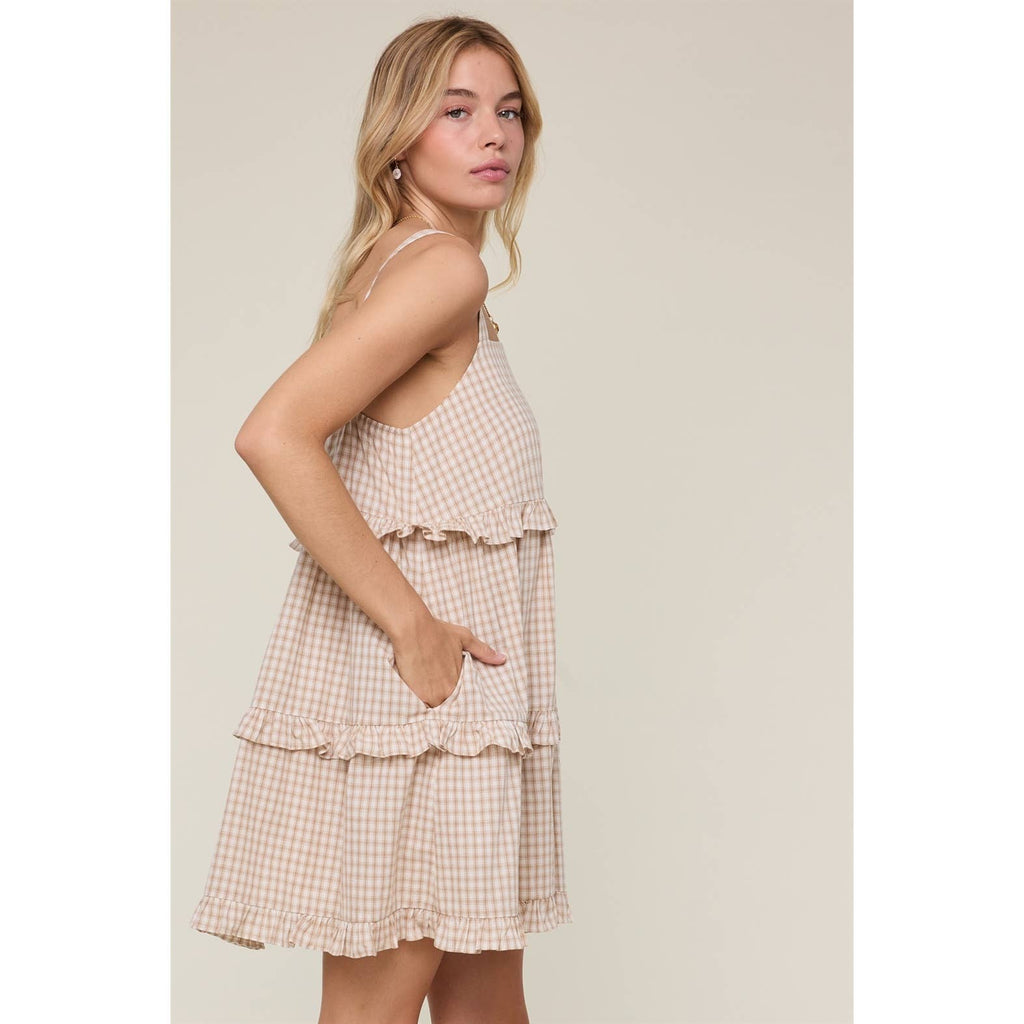PLAID RUFFLE TIERED MINI DRESS
