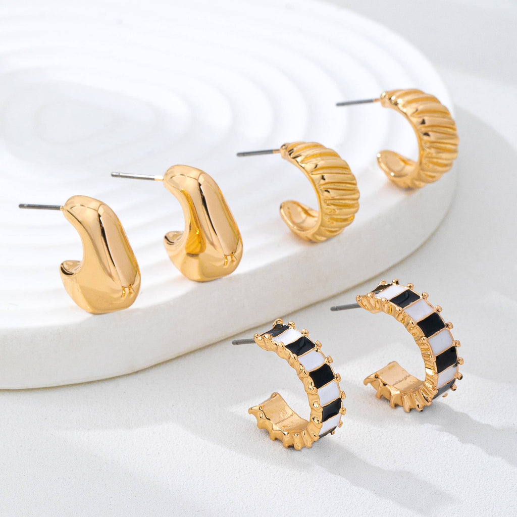Checker Textured Huggie Trio Earrings
