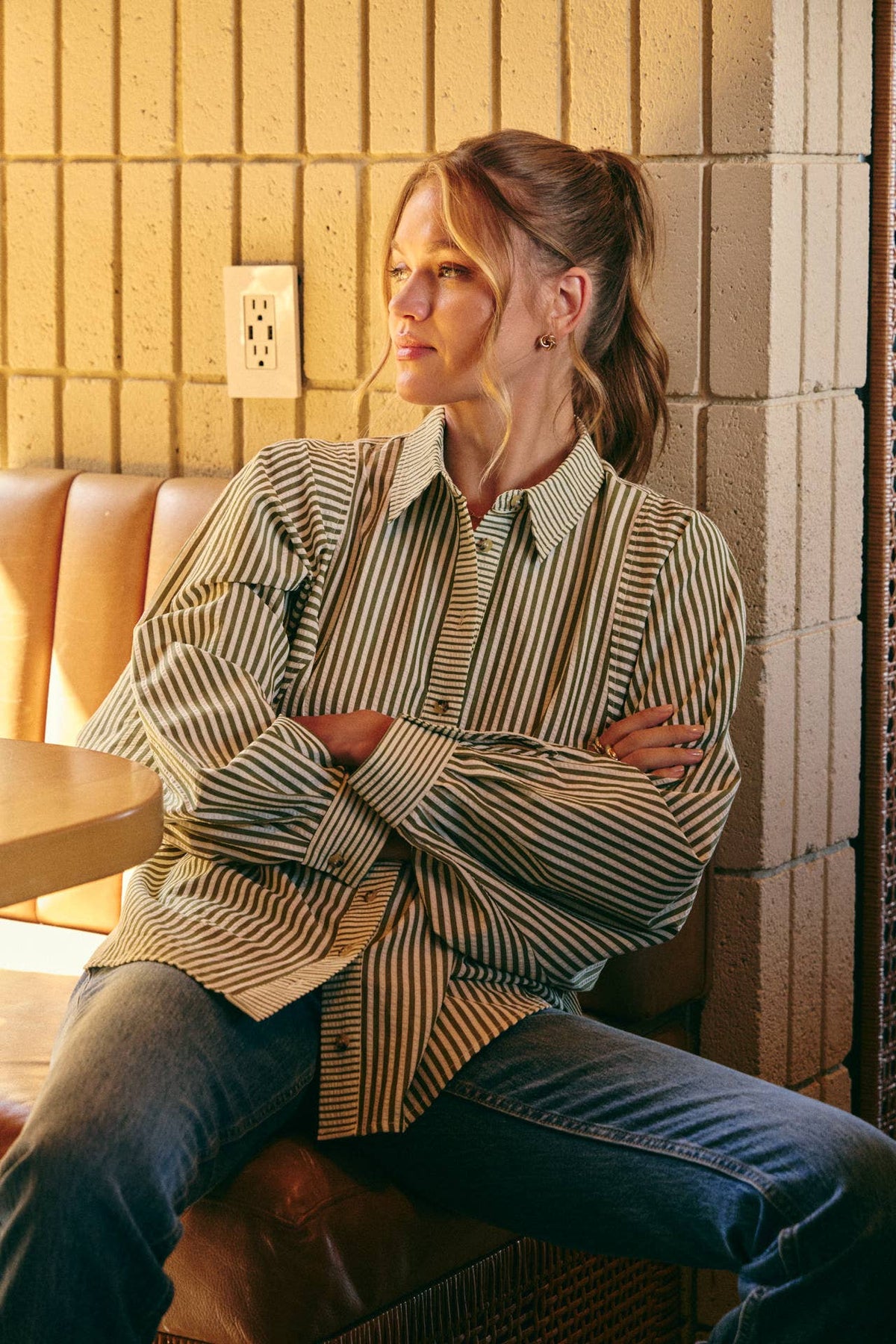 OLIVE EFFORTLESS DRAPE BUTTON-DOWN