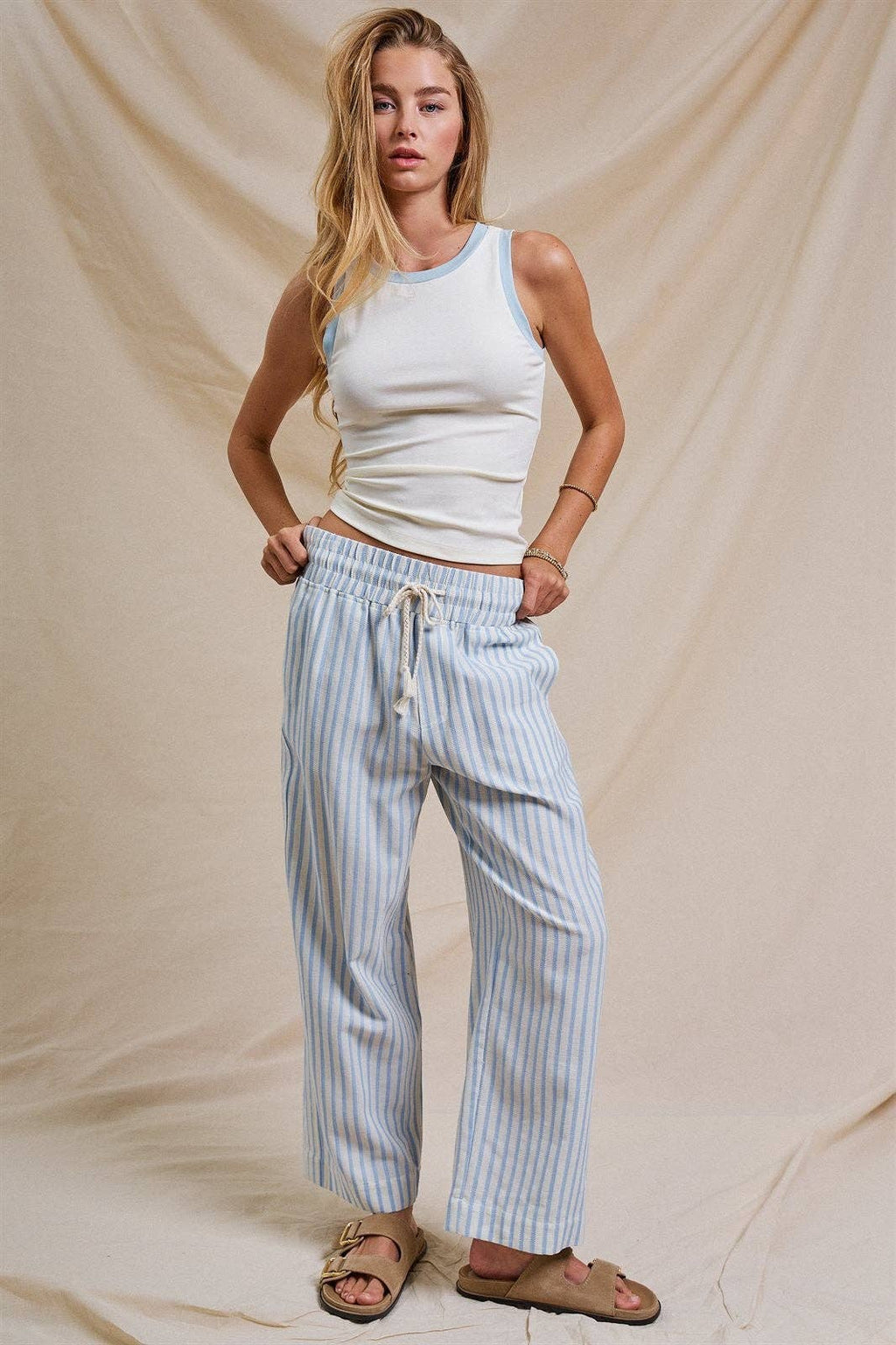 Cotton Stripe Wide Leg Pants