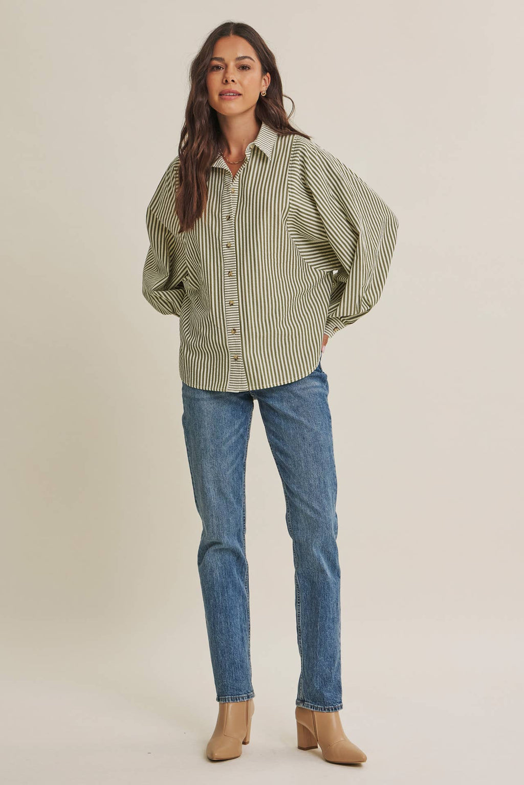 OLIVE EFFORTLESS DRAPE BUTTON-DOWN