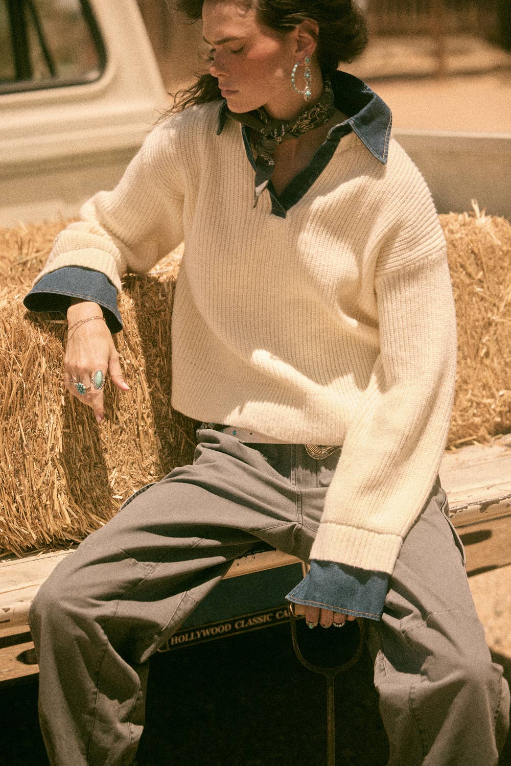 Rib-Knit Denim Collared Sweater