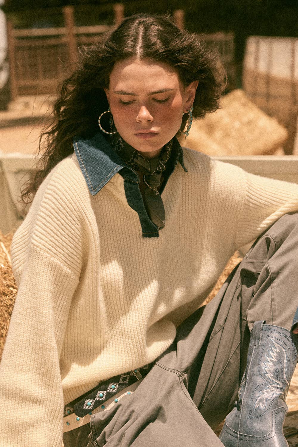Rib-Knit Denim Collared Sweater