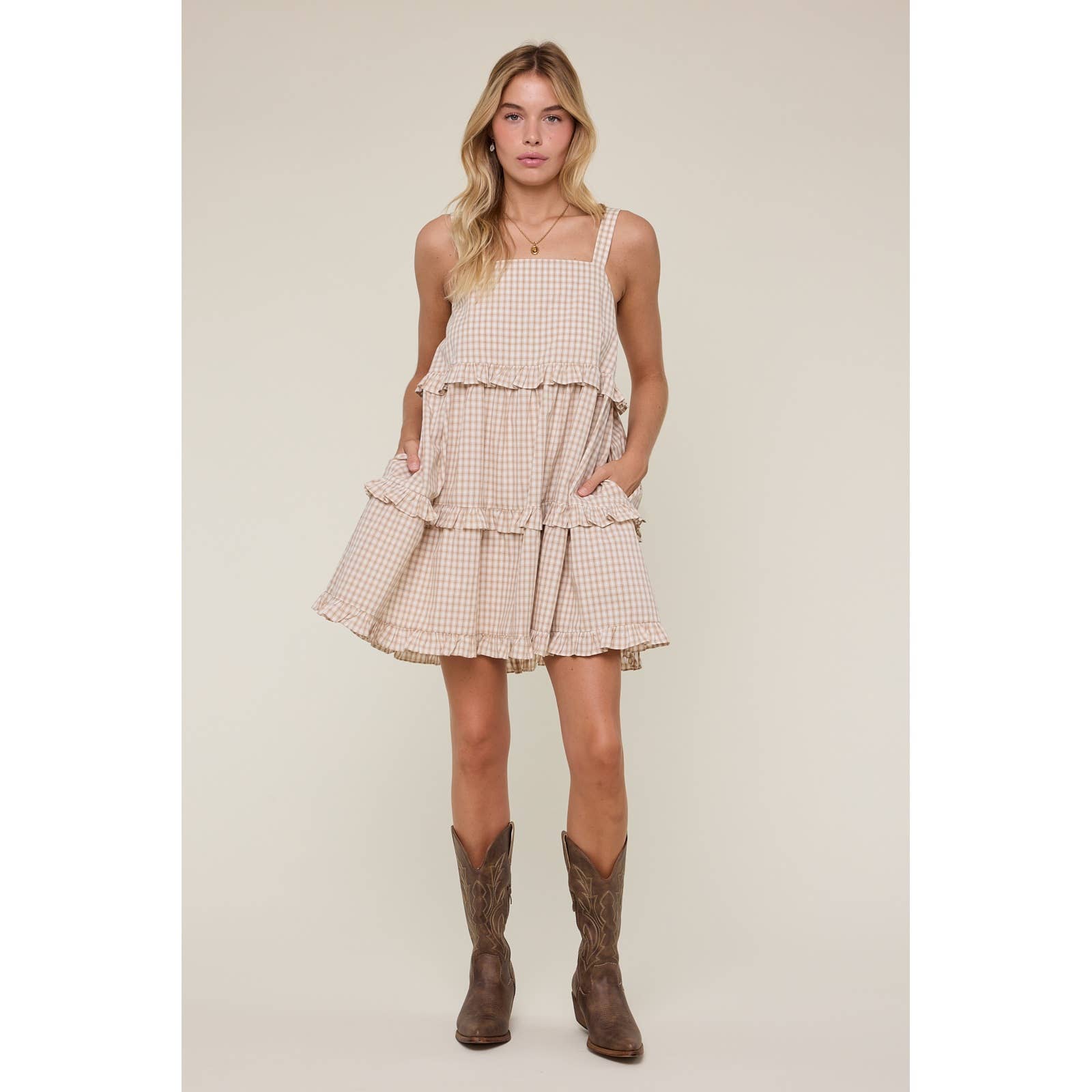 PLAID RUFFLE TIERED MINI DRESS