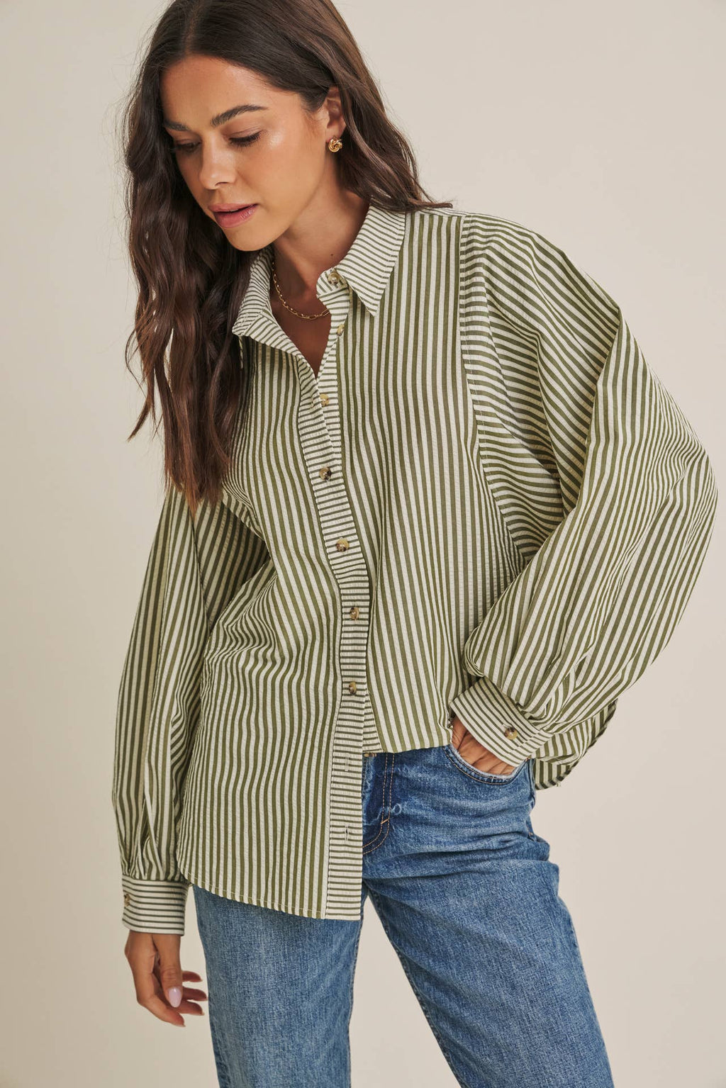 OLIVE EFFORTLESS DRAPE BUTTON-DOWN
