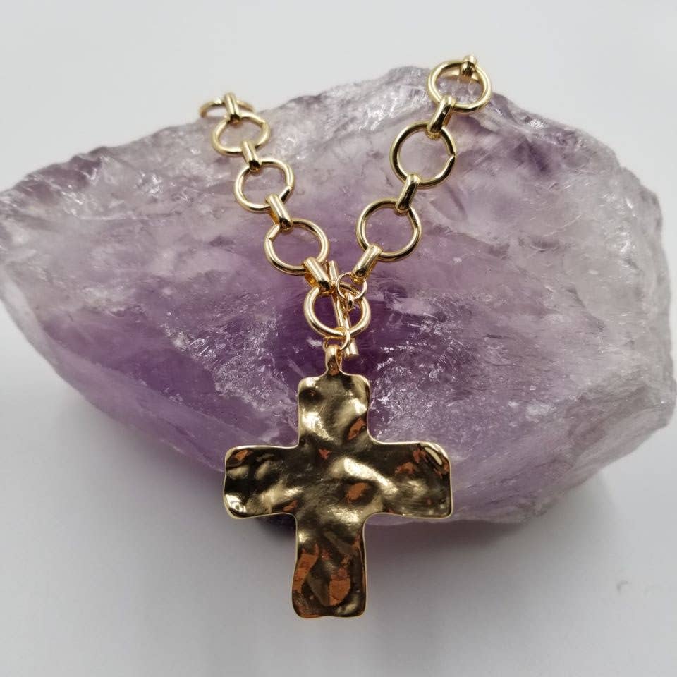 Hammered Cross Necklace - Gold