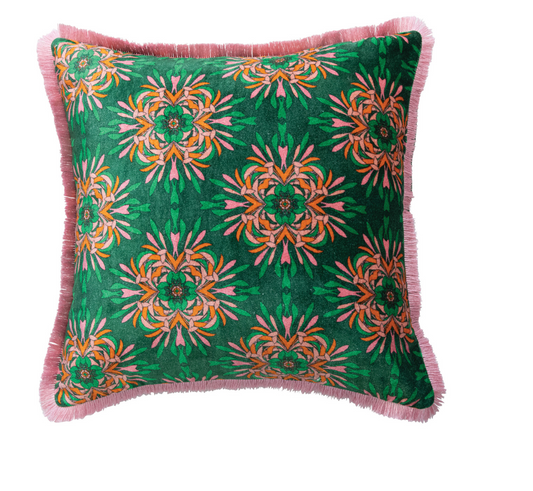 Velvet Printed Pillow with Eyelash Fringe