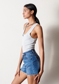 High Rise Trim Midi Stretch Denim Shorts