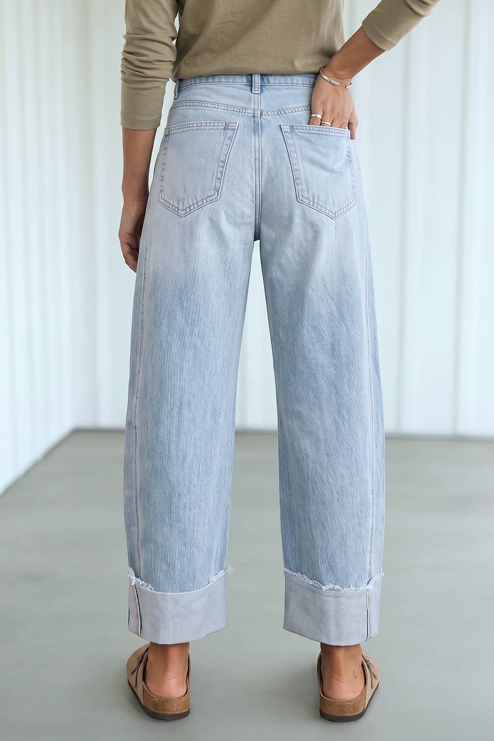 Loose Raw Hem Cuffed Denim