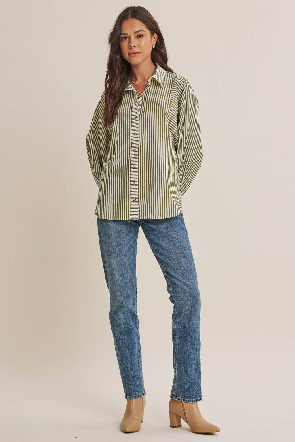 OLIVE EFFORTLESS DRAPE BUTTON-DOWN