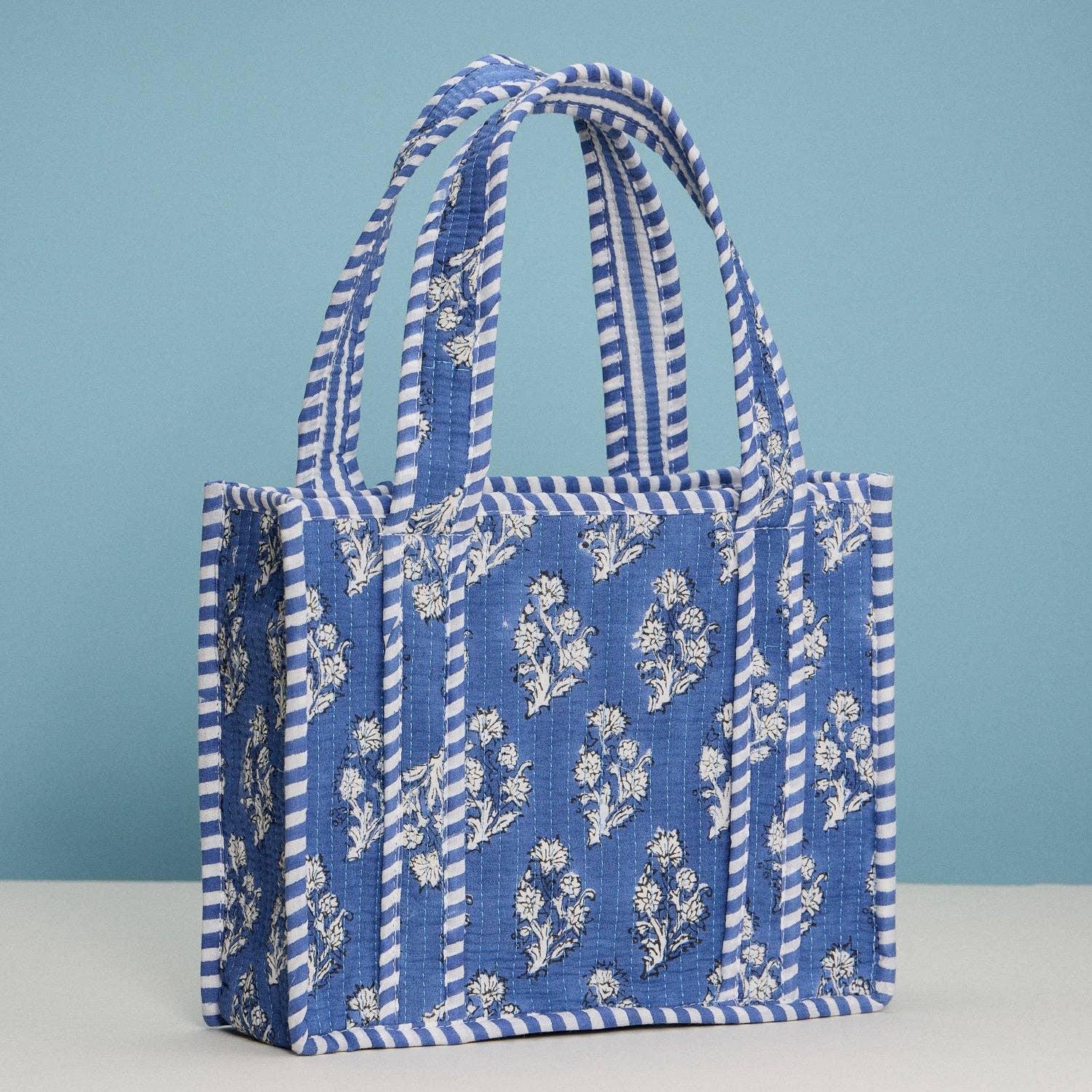 Blue Quilted Floral Tote