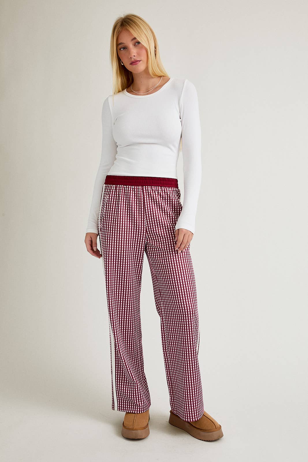 Mid Rise Plaid Track Pants