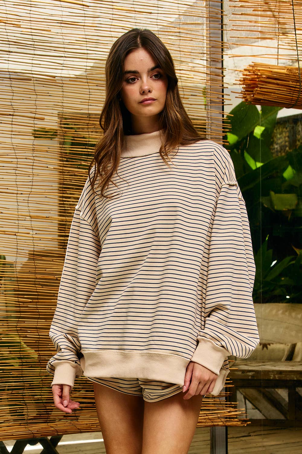Stripe Mock Neck Oversized Sweatshirt