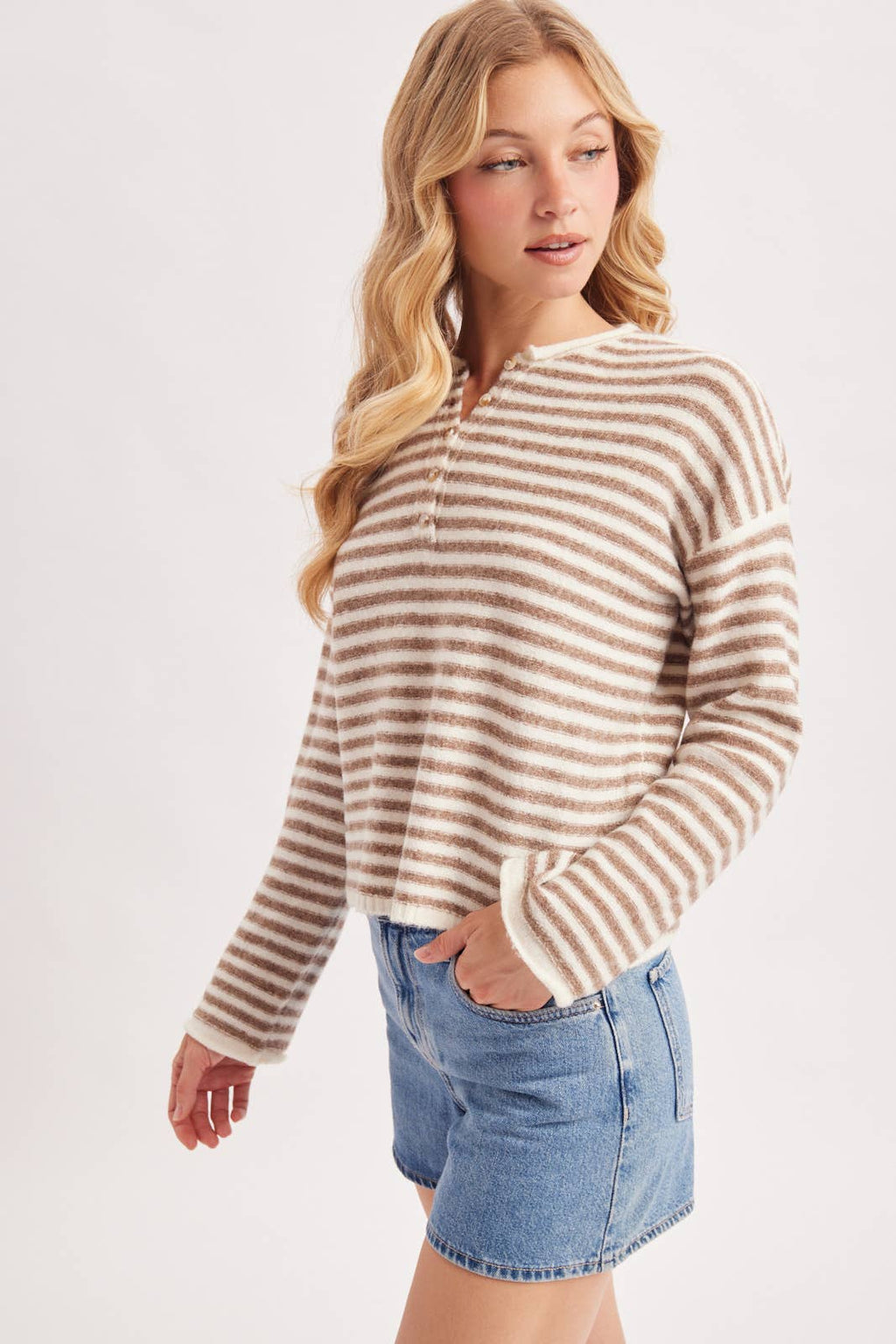 RELAXED STRIPE HENLEY KNIT PULLOVER