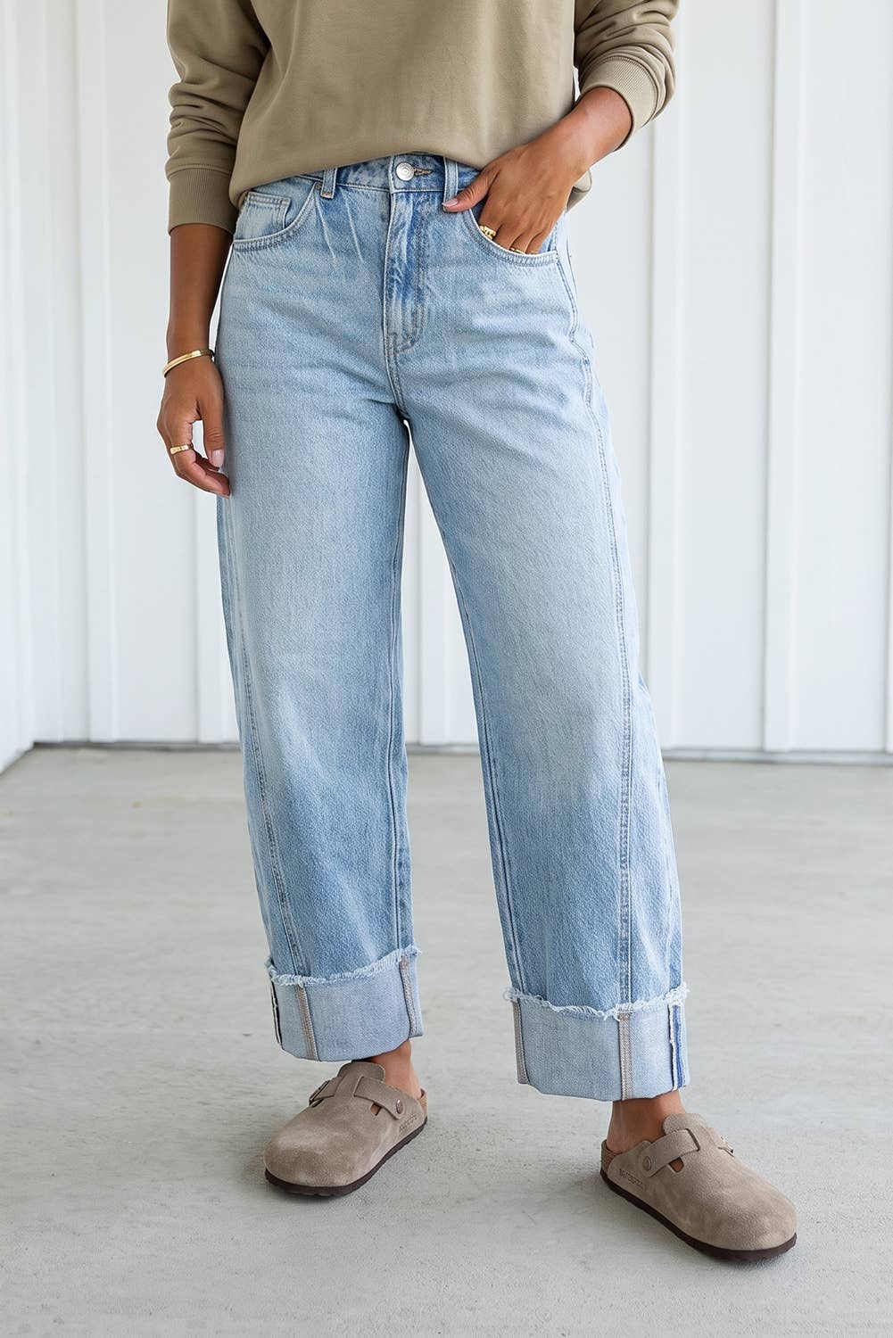 Loose Raw Hem Cuffed Denim