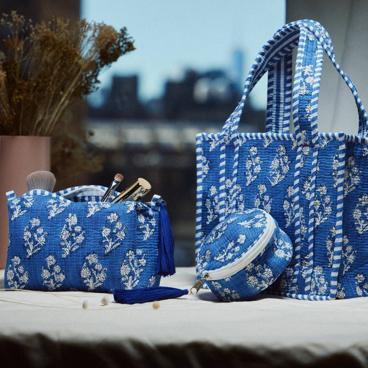Blue Quilted Floral Tote