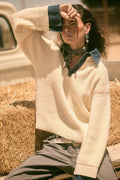 Rib-Knit Denim Collared Sweater