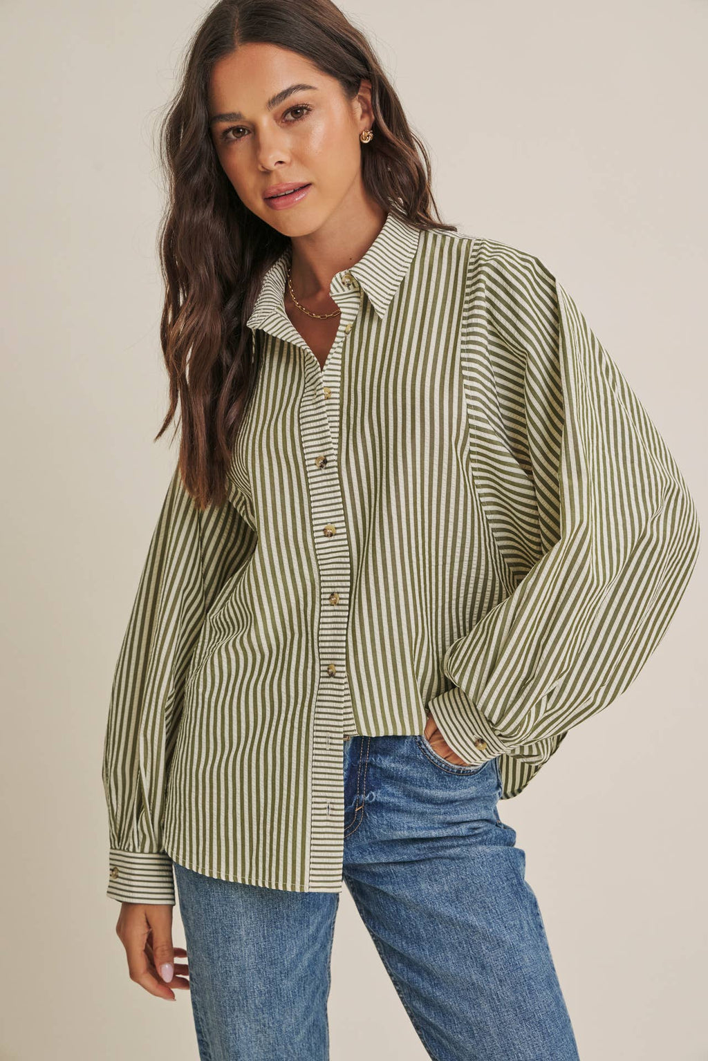 OLIVE EFFORTLESS DRAPE BUTTON-DOWN